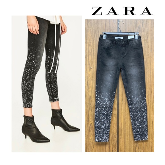 Zara Denim - NWT Zara Black Silver Paint Splattered Crop Jeans